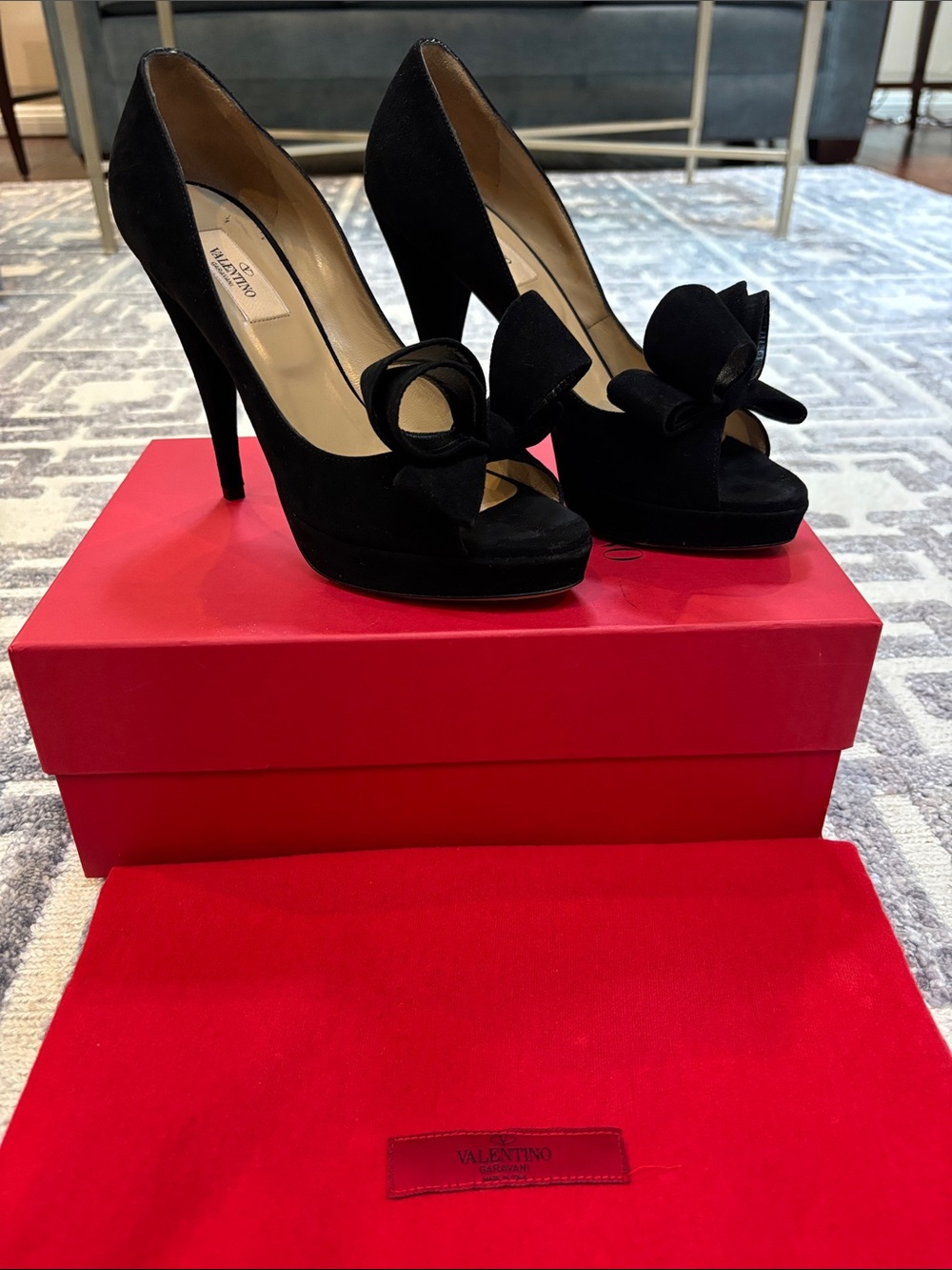 Valentino Garavani black suede peep toe platform pumps